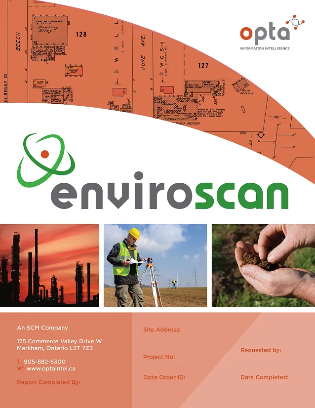 Enviroscan report cover page featuring a historical map excerpt, silhouettes of industrial towers at sunset, a surveyor working in a field, and a close-up of hands examining soil