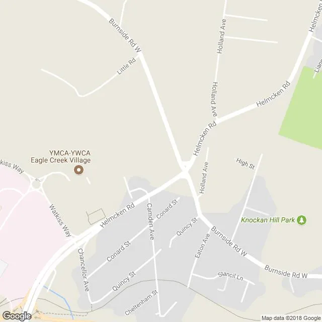 Street map centered on the search area in View Royal, BC, showing Helmcken Rd, Burnside Rd W, Holland Ave, and landmarks including YMCA-YWCA Eagle Creek Village and Knockan Hill Park