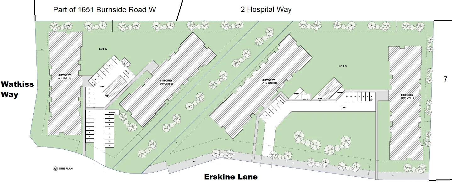 Site Plan of the development concept showing Lot A (north) and Lot B (south) bisected by a CRD property