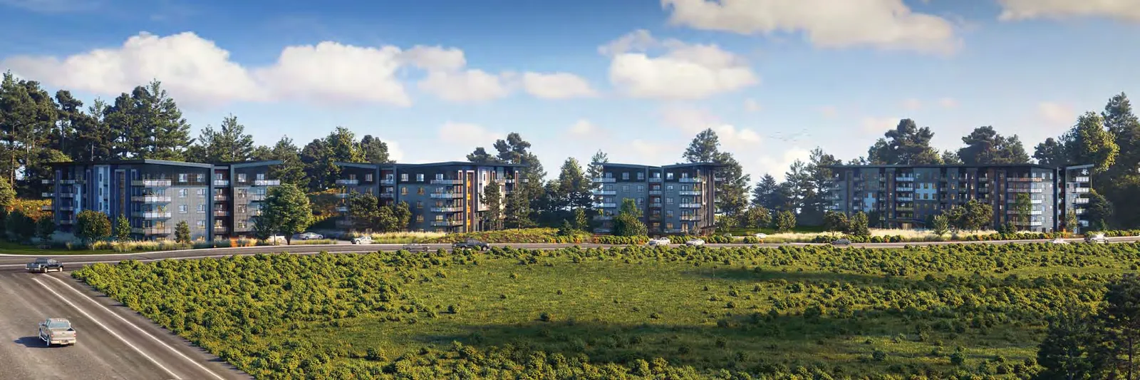 Architectural rendering showing an overall view of multiple apartment buildings within the Erskine Multifamily development.