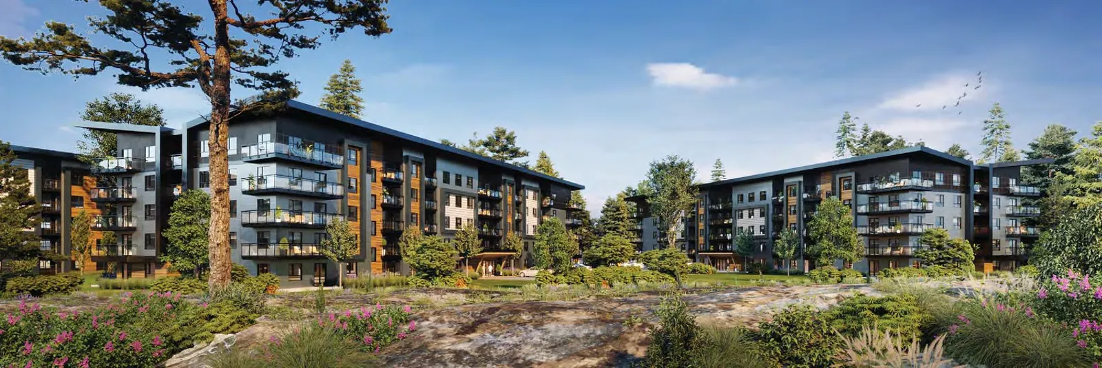 Detailed architectural rendering of the five-storey buildings in the development, featuring balconies and landscaped surroundings.