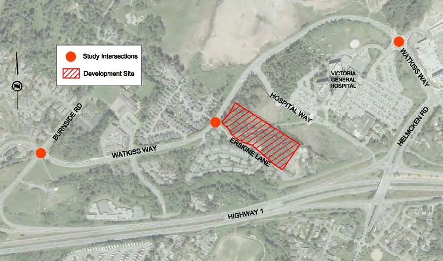 Aerial map showing Figure 1: Study Intersections and Site Location with points at Burnside Rd, Watkiss Way/Erskine Lane, and Watkiss Way/Helmcken Rd.
