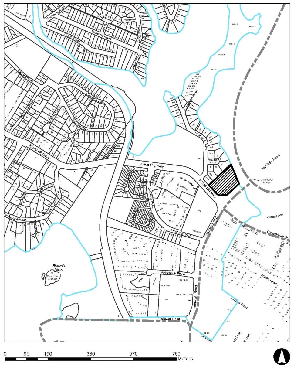 Property Location Map showing the subject site at 1801 Admirals Road and surrounding streets including Island Highway, Shoreline Drive, and Glentana Road