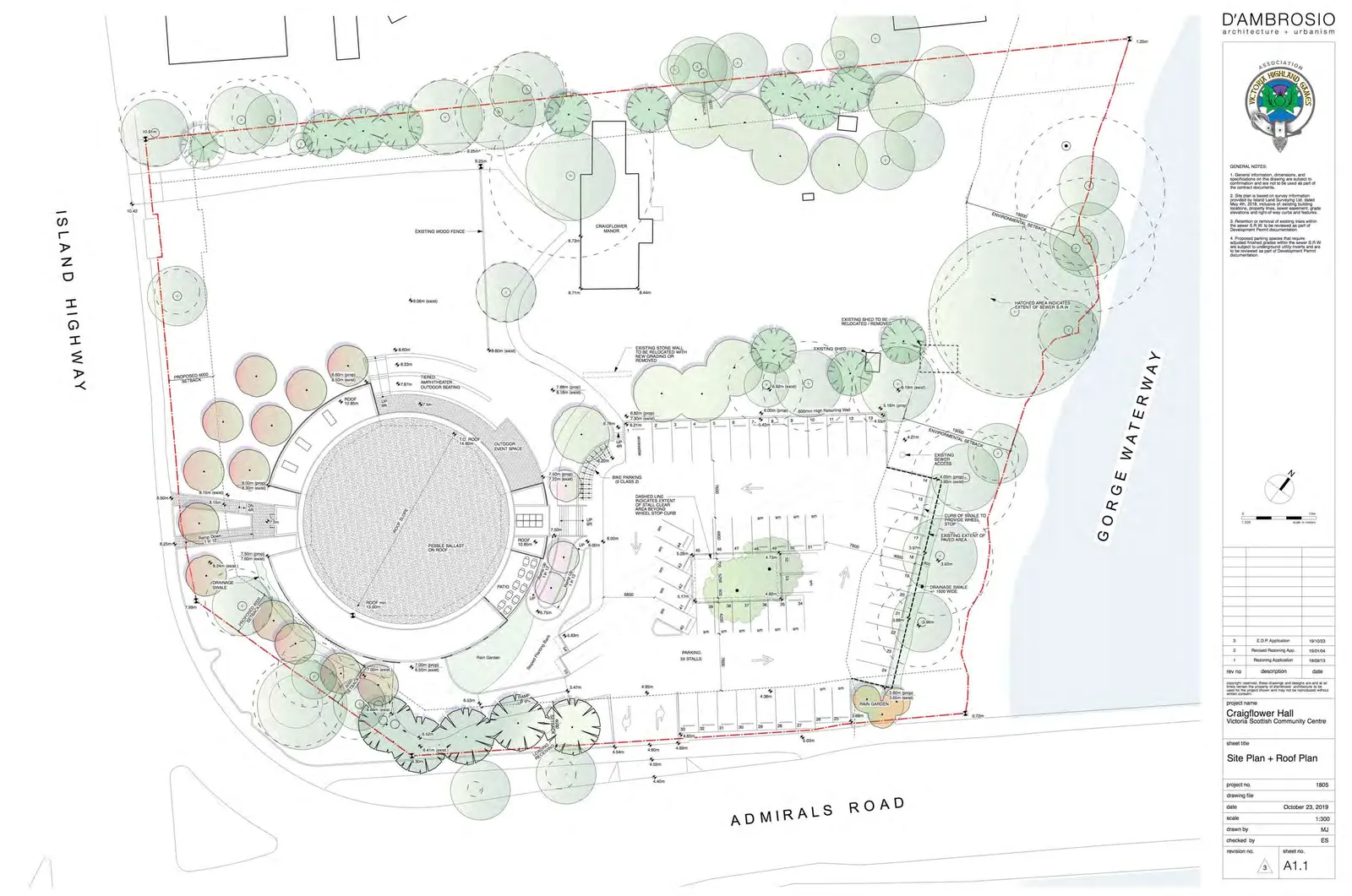 Detailed Site Plan and Roof Plan showing building location, parking layout, existing manor house, and landscaping