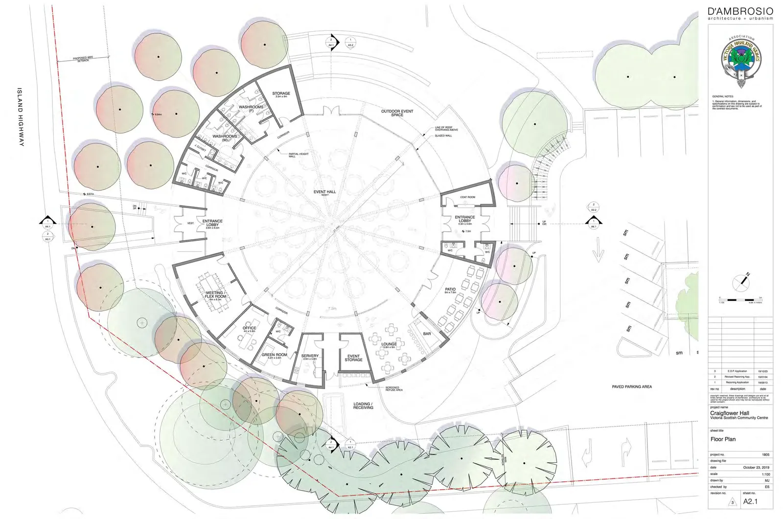 Detailed Floor Plan of Craigflower Hall showing circular event hall, support rooms, and entrance lobby