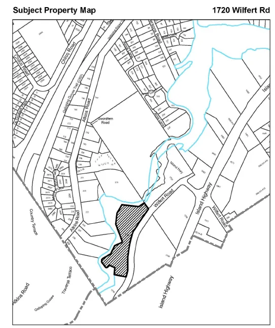 A property map identifying the subject property at 1720 Wilfert Rd with diagonal cross-hatching. The map shows surrounding streets including Wilfert Road, Island Highway, Atkins Road, Swordfern Road, and Anya Lane, as well as the Galloping Goose Trail.
