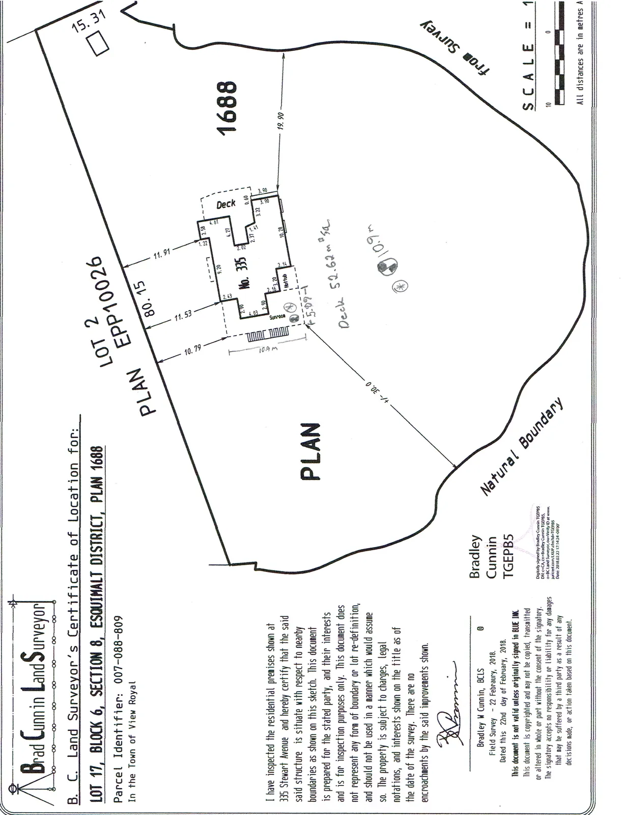 Land survey plan showing Lot 17, Plan 1688, including a residential building labeled No. 335 with a sunroom and deck, setbacks from property lines, adjacent lot LOT 2 PLAN EPP10026, and a natural boundary from survey. Distances are marked in metres.