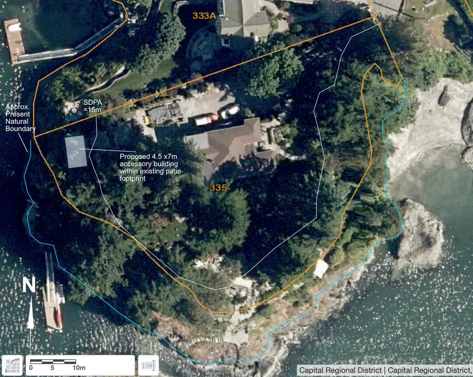 Figure 1. SDPA, footprint of accessory building within existing patio aerial map