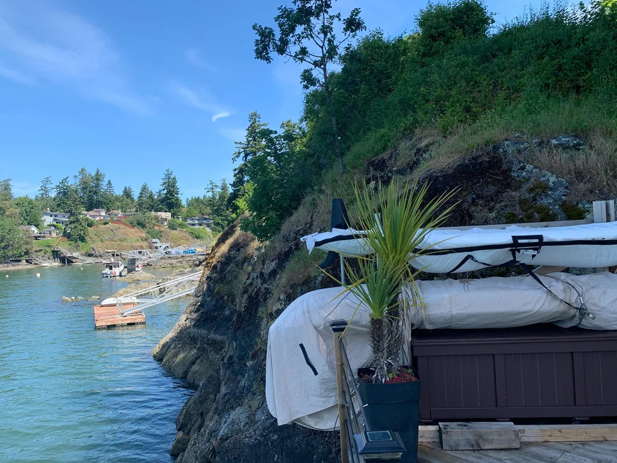 Photo 4. View looking north along steep rocky shoreline showing a mix of native and non-native vegetation and the existing patio location
