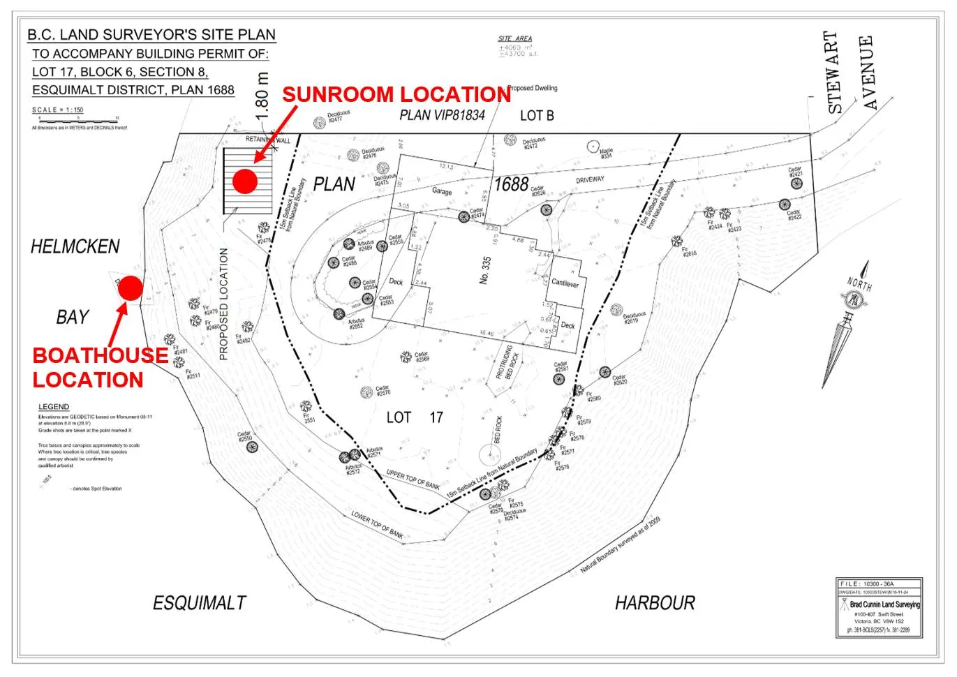 B.C. Land Surveyor's Site Plan for Lot 17 showing the proposed sunroom and boathouse locations relative to the property boundaries and shoreline