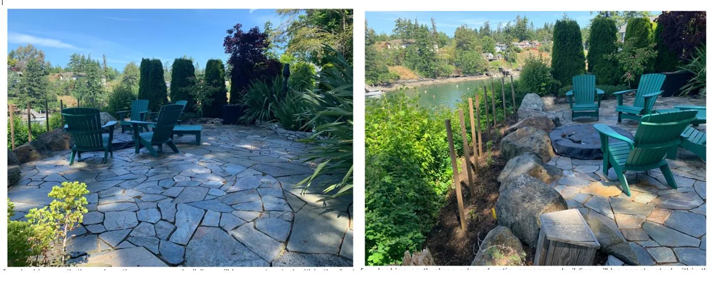 Two photographs of the existing stone paver patio area with outdoor seating