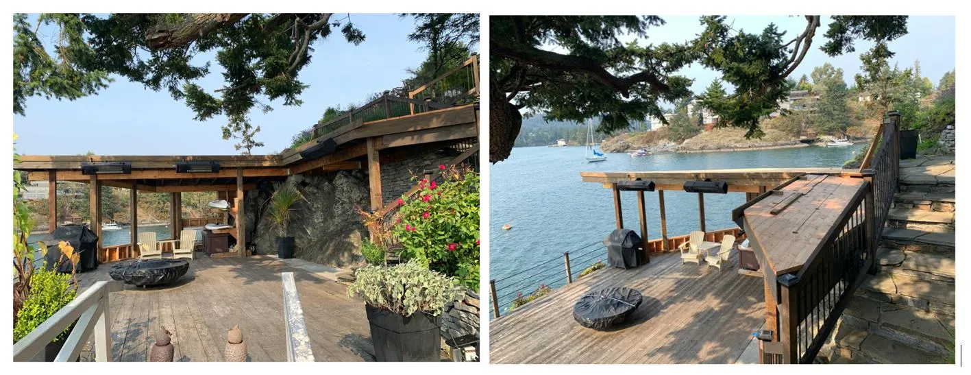Two photographs of the existing partially finished wooden boathouse and deck structure on the foreshore
