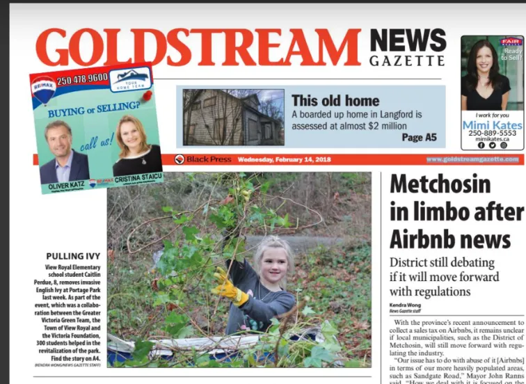 A Goldstream News Gazette clipping with the headline "PULLING IVY" featuring a volunteer
