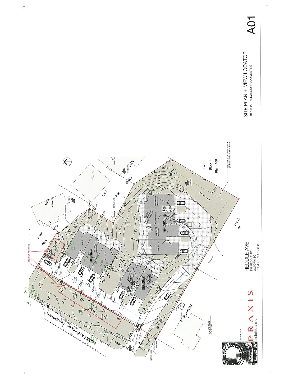 Detailed site plan and view locator for the residential development at 231 Heddle Avenue. The plan illustrates the layout of three buildings, parking areas, patios, property lines, and topographic details.