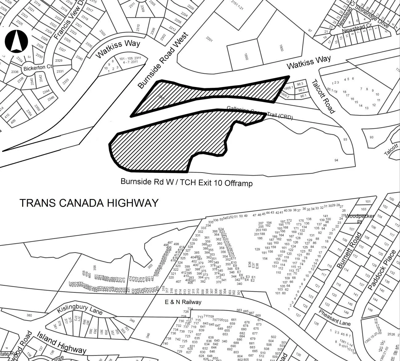 Location plan map showing the subject property at 2401 Burnside Road West, situated between Watkiss Way and the Trans Canada Highway / Burnside Road West Exit 10 offramp.