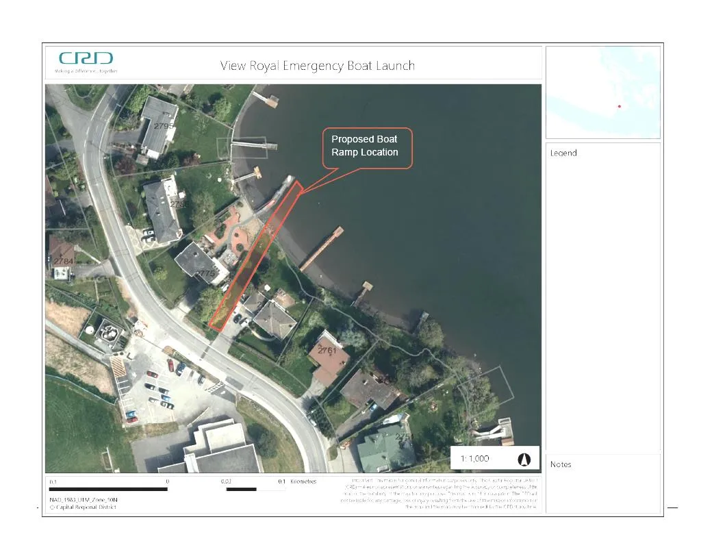 Aerial map showing the proposed Shoreline Drive boat launch location and surrounding property boundaries