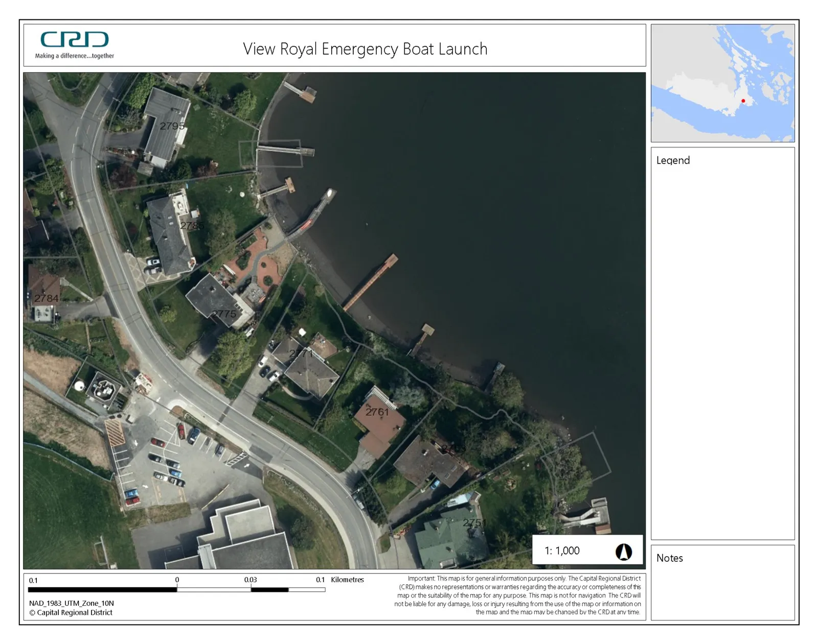 Close-up aerial photo of the "Proposed Boat Ramp Location" between Shoreline Drive and the inlet.