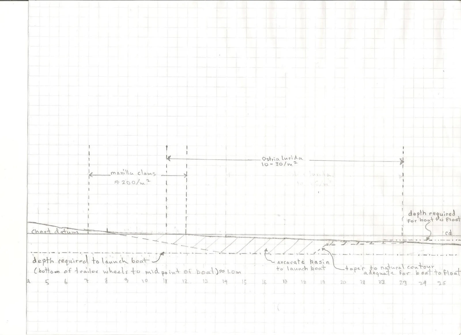 Figure 32. Scale diagram of foreshore and upper intertidal zone at proposed boat ramp.