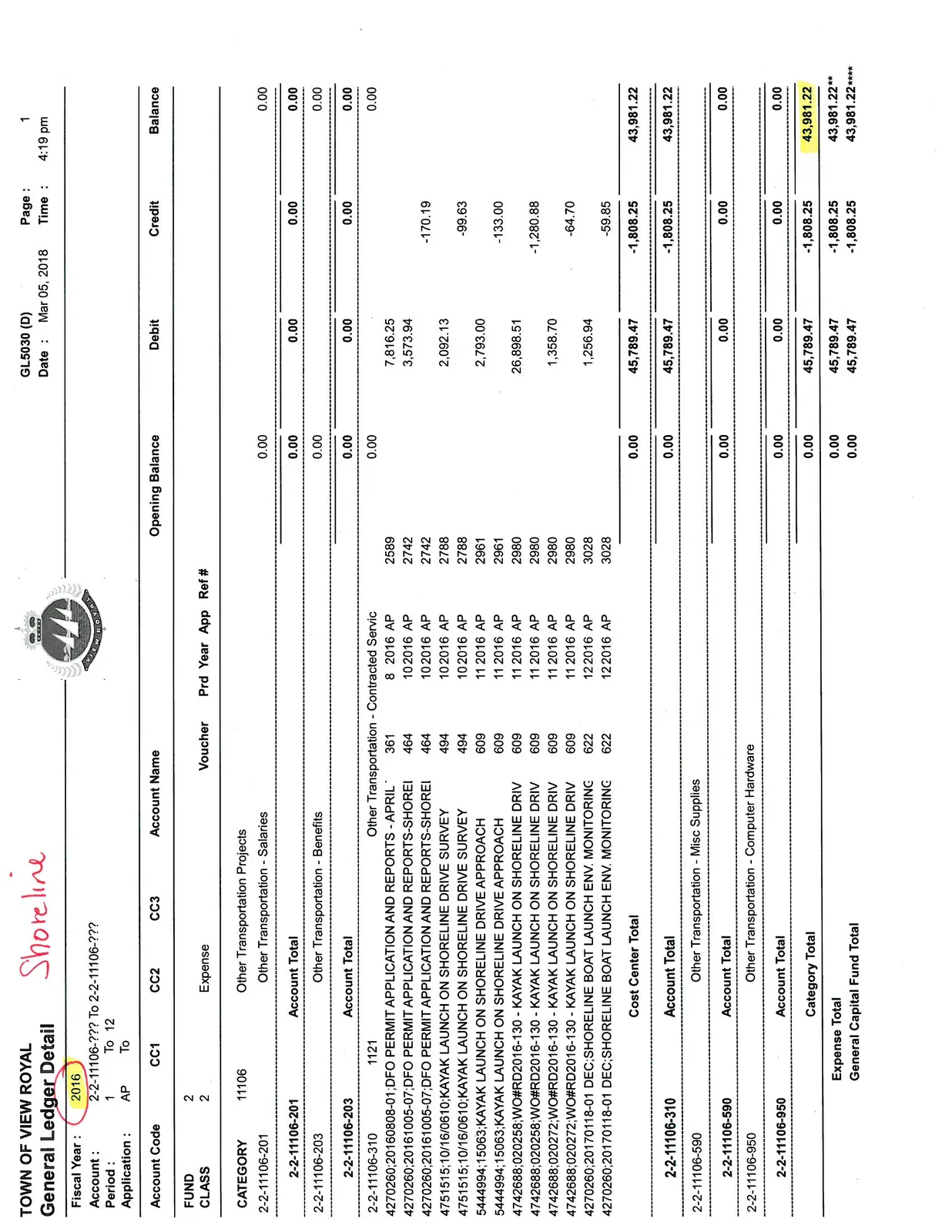 Town of View Royal General Ledger Detail for 2016, listing shoreline project expenses including Kayak Launch on Shoreline Drive.