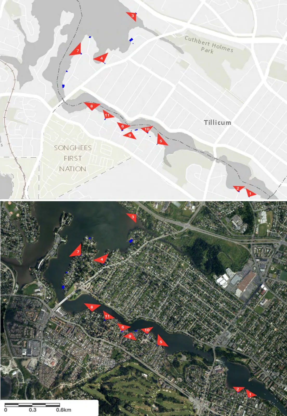 Map and satellite image showing 11 surveyed public access points around the Gorge marked by red triangles
