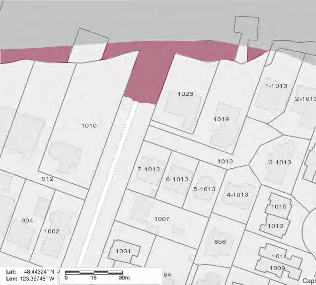 CRD map showing municipal waterfront land at the end of Arcadia Street