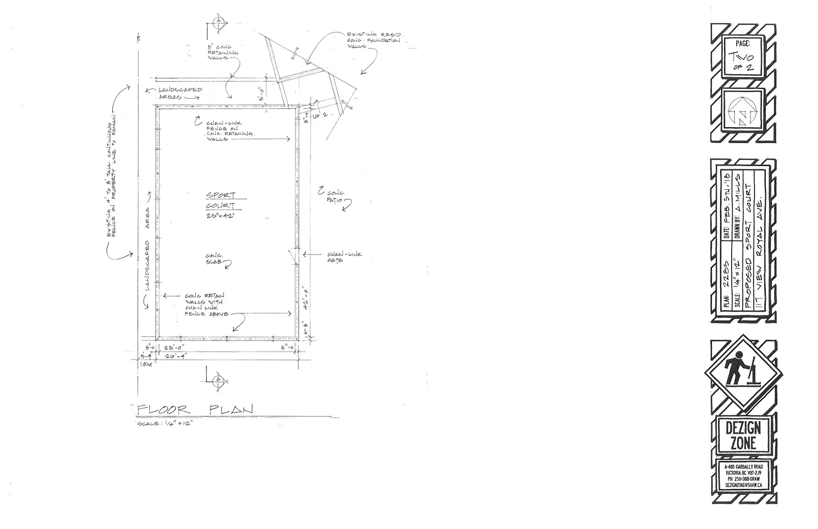 Technical floor plan drawing for a proposed sport court at 117 View Royal Ave., showing dimensions, materials, and surrounding property features.