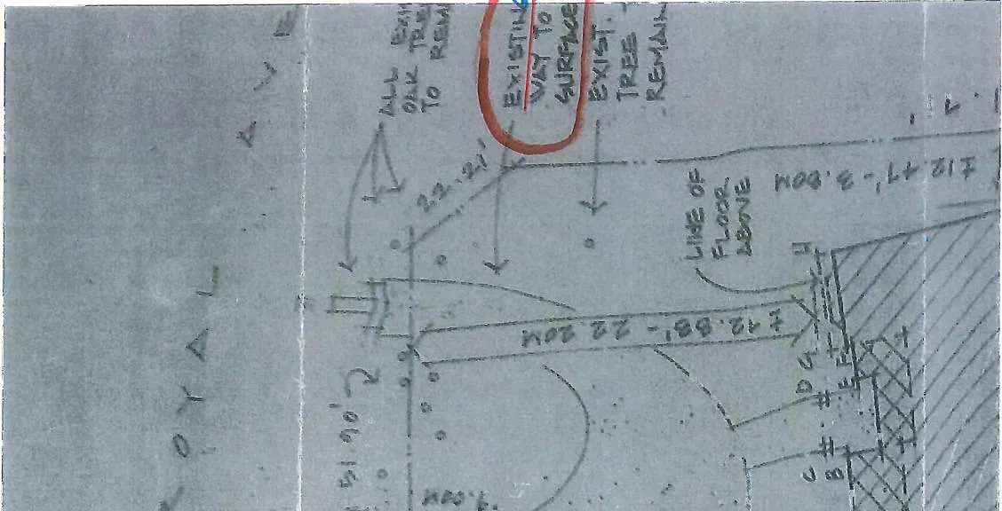 Annotated hand-drawn site plan showing 'EXISTING WAY TO SURFACE'