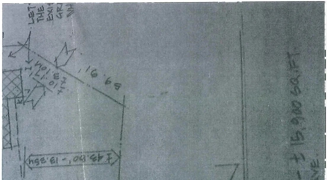 Annotated hand-drawn site plan showing dimensions '±43.80' - 13.35m'