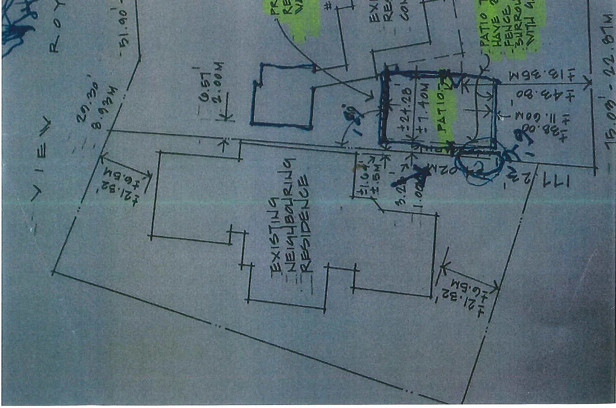 Hand-drawn site plan showing 'SUBJECT PROPERTY' and notes including 'NO OTHER NEIGHBOUR HOMES IN VICINITY WITHIN 30.0M'