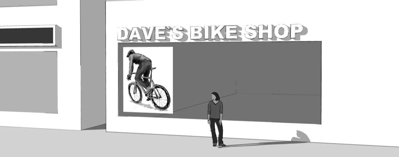 Rendering of "DAVE'S BIKE SHOP" with a promotional bicycle graphic on the window below the sign height line