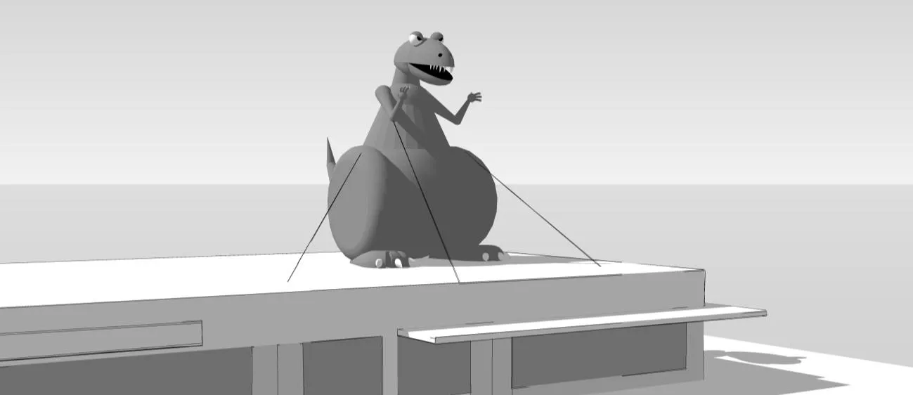 Rendering of an inflatable dinosaur balloon sign on a rooftop