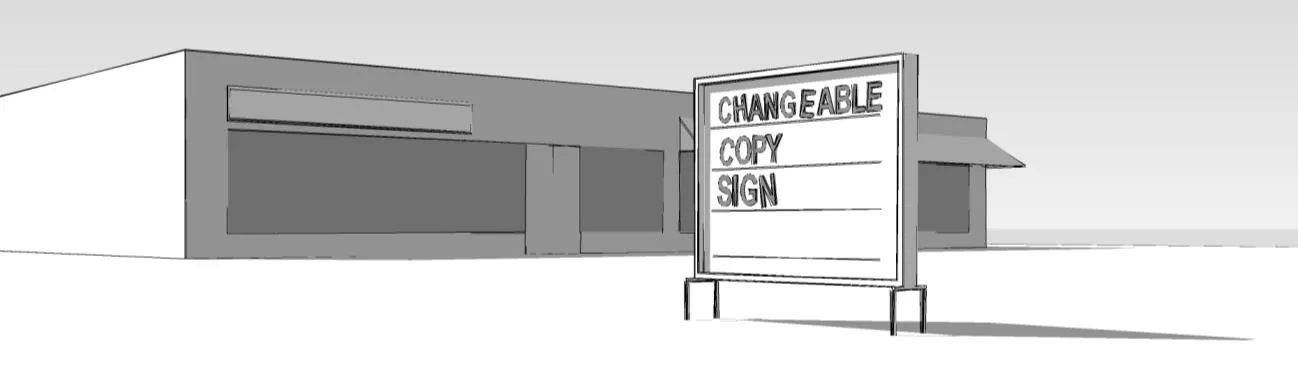 Rendering of a changeable copy sign on a stand in front of a building