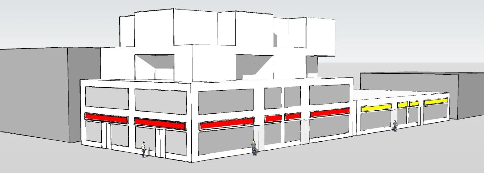 Rendering of building storefronts with red and yellow rectangular areas indicating possible sign locations