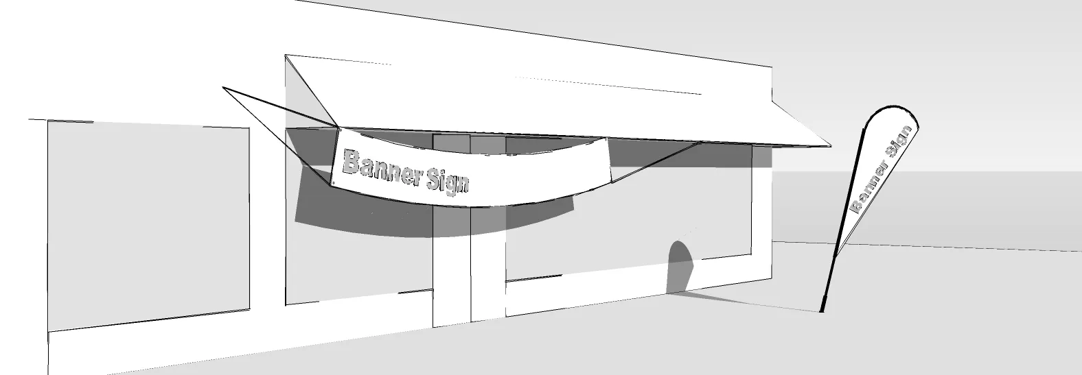 Rendering of various types of Banner Signs on and near a building