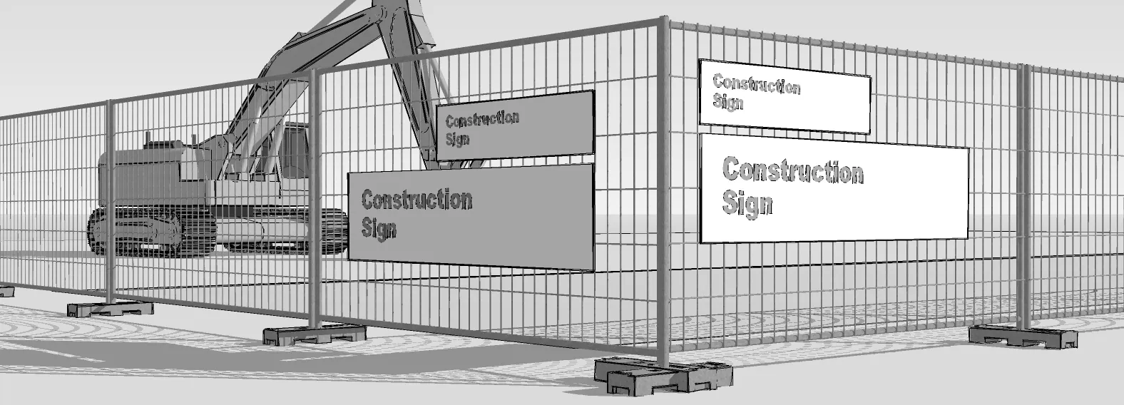 Rendering of Construction Signs on a site fence with an excavator in the background