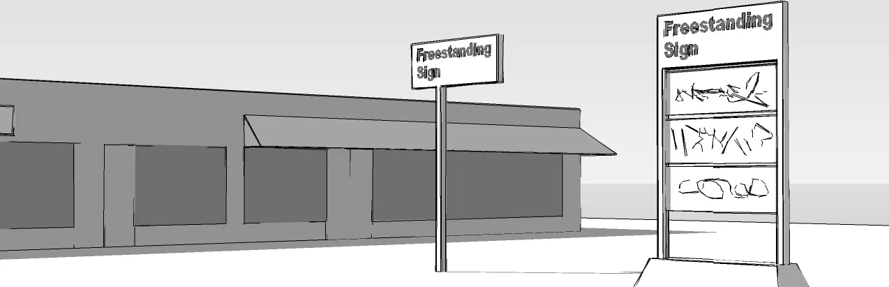 Rendering of different types of Freestanding Signs in front of a building