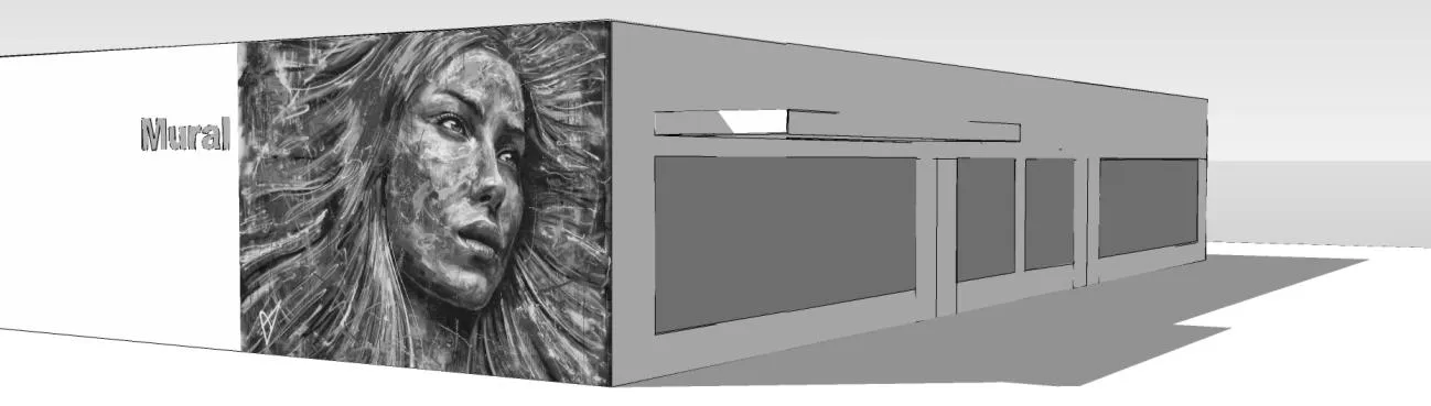 Rendering of a Mural featuring a person's face on the side of a building