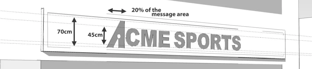 Diagram illustrating character size and extension allowance for signs