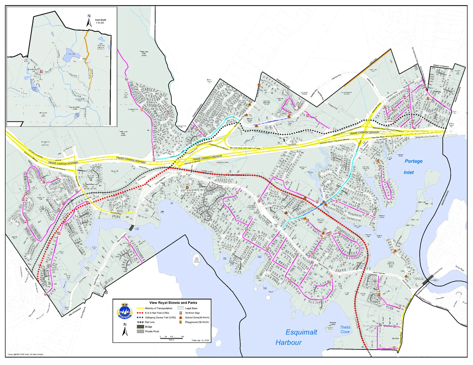 Map of View Royal Streets and Parks illustrating 30 km/h speed zones, school zones, playgrounds, and various transportation networks including rail trails and highways.