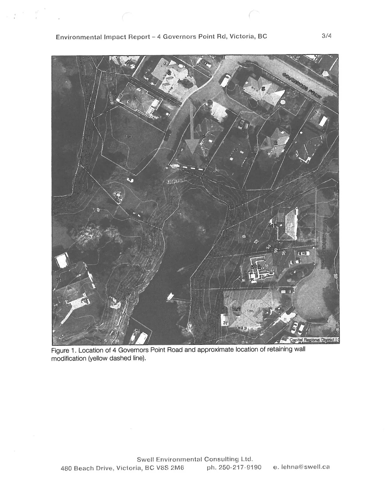 Aerial map of the property at 4 Governors Point Road showing parcel boundaries, contour lines, and a dashed line indicating the location of the proposed retaining wall modification.