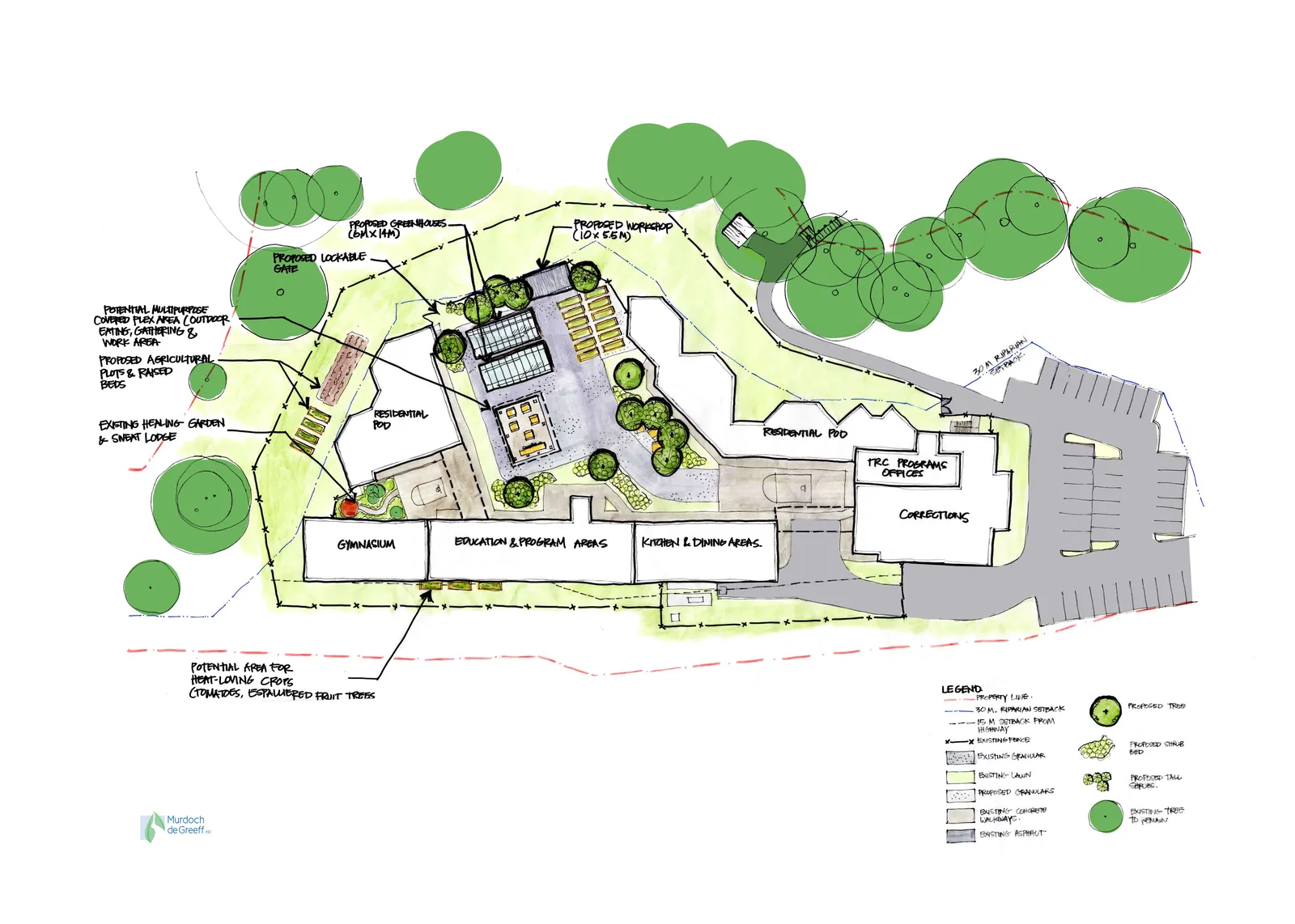 Conceptual Site Plan for The Our Place Therapeutic Recovery Community, detailing various facility upgrades including a gymnasium, education areas, residential pods, and agricultural zones.