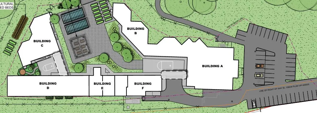 Site plan map showing the layout of Building A/B, Building C, and Building D/E/F with parking and landscaped areas.