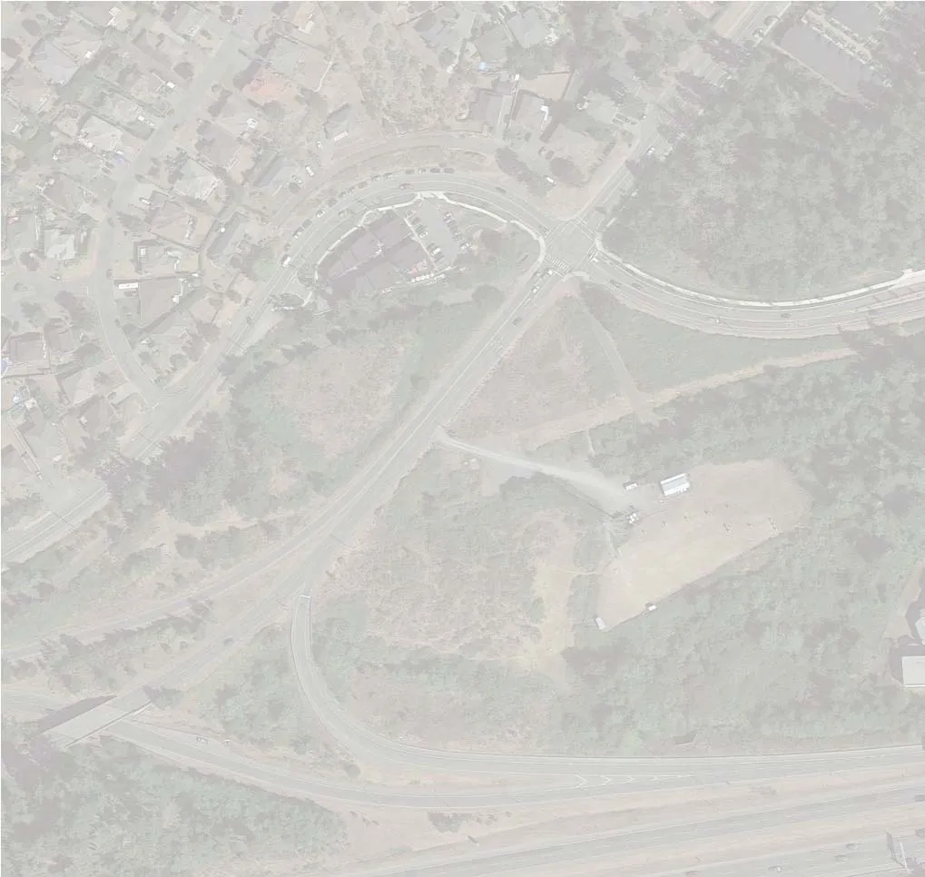 Aerial view of site plan area showing Burnside Road West, Watkiss Way, Highway 1, and the proposed access road