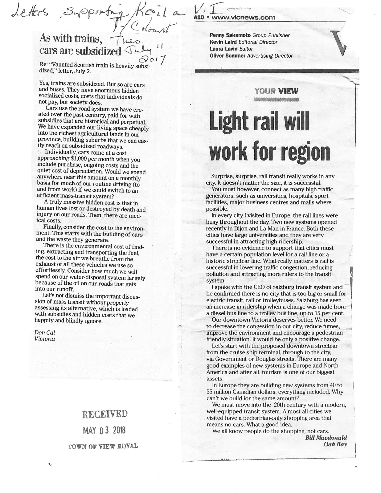 Newspaper clippings from Times Colonist and vicnews.com regarding rail transit