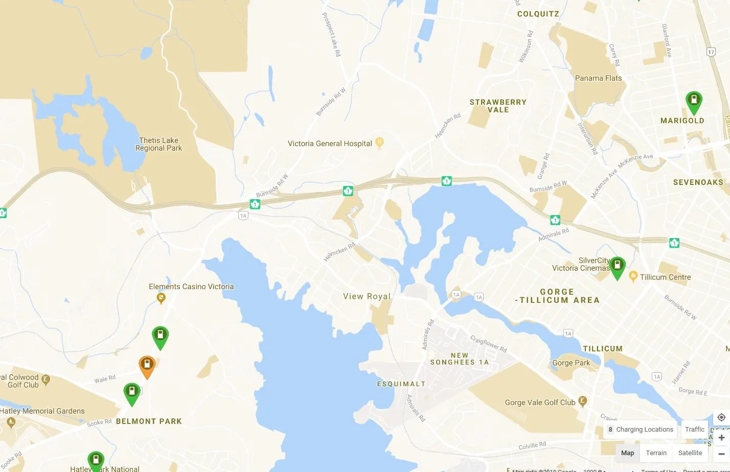 Map of existing EV charging stations in the Greater Victoria region including View Royal, Colwood, and Saanich