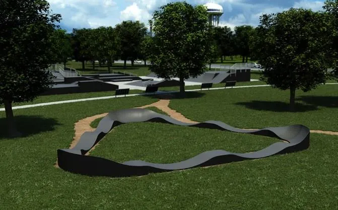3D rendering of a looped pump track in a grassy park setting
