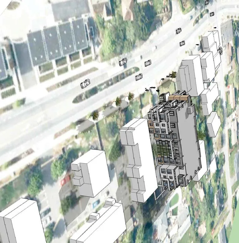 Aerial 3D massing model view - Bird View 1 over Island Highway