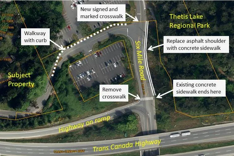 Aerial map showing proposed sidewalk improvements, crosswalk changes, and the subject property at 1938 West Park Lane near Six Mile Road and the Trans Canada Highway.
