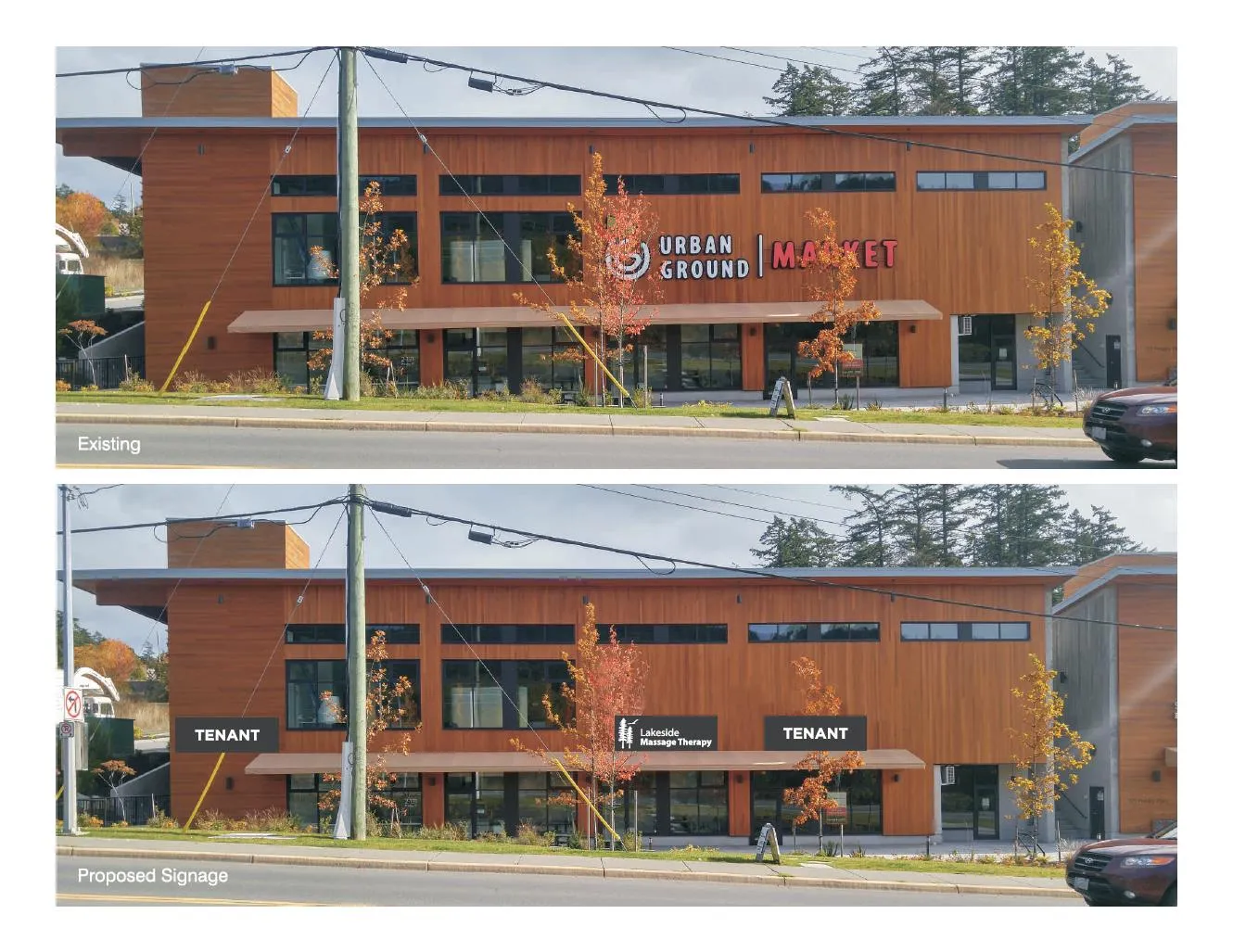 Comparison of existing building elevation with 'Urban Ground Market' signage and proposed elevation showing new 'Tenant' and 'Lakeside Massage Therapy' sign boxes