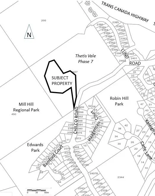 Property Location Map identifying the subject property on Chilco Road, bordered by Mill Hill Regional Park to the west and Robin Hill Park to the east. Nearby residential streets include Bamford Court, Haagensen Court, Lund Road, and Carly Lane.
